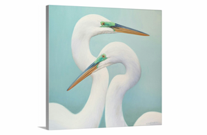 An oil painting of two great white egrets with a seafoam green background. Limited Edition Giclee Canvas Print by wildlife artist James Corwin.