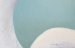 An oil painting of two great white egrets with a seafoam green background. Limited Edition Giclee Canvas Print by wildlife artist James Corwin.