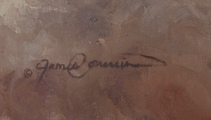 A canvas print of a herd of Texas longhorns marching through dust, presented in a western style oil painting. y wildlife artist James Corwin.