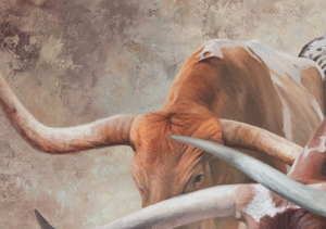 A canvas print of a herd of Texas longhorns marching through dust, presented in a western style oil painting. y wildlife artist James Corwin.