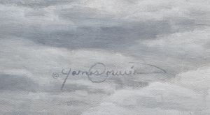 A canvas print depicting a herd of Yellowstone bison in a misty snowy landscape. Oil painting artwork 'Giants in the Mist IV' by wildlife artist James Corwin. Signed by artist.