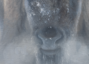 A canvas print depicting a herd of Yellowstone bison in a misty snowy landscape. Oil painting artwork 'Giants in the Mist IV' by wildlife artist James Corwin.
