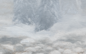 A canvas print depicting a herd of Yellowstone bison in a misty snowy landscape. Oil painting artwork 'Giants in the Mist IV' by wildlife artist James Corwin.