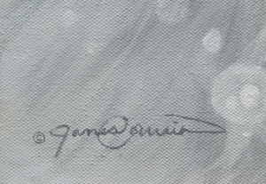 A canvas print featuring a wolf in snow, with a blurred background by wildlife artist James Corwin.