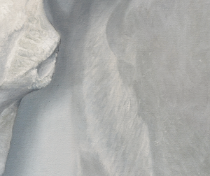 A canvas giclee print of a bison skull, with a misty, soft-focus background of ghostly Yellowstone buffalo, part of a limited edition art oil painting by Montana widllife artist James Corwin.