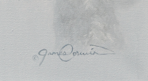 A canvas giclee print of a bison skull, with a misty, soft-focus background of ghostly Yellowstone buffalo, part of a limited edition art oil painting by Montana widllife artist James Corwin.