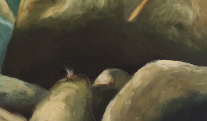 A canvas print titled 'A Secret Spot' by wiildlife artist James Corwin, depicting a vibrant river scene with multiple cutthroat trout swimming in the water, surrounded by yellowing tamaracks and a clear blue sky. Fish fishing fly.