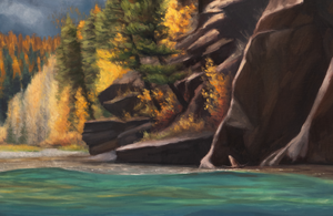 A canvas print titled 'A Secret Spot' by wiildlife artist James Corwin, depicting a vibrant river scene with multiple cutthroat trout swimming in the water, surrounded by yellowing tamaracks and a clear blue sky.