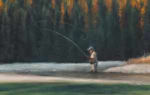 A canvas print titled 'A Secret Spot' by wiildlife artist James Corwin, depicting a vibrant river scene with multiple cutthroat trout swimming in the water, surrounded by yellowing tamaracks and a clear blue sky. Fly fishing on Montana river.