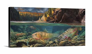 A canvas print titled 'A Secret Spot' by wiildlife artist James Corwin, depicting a vibrant river scene with multiple cutthroat trout swimming in the water, surrounded by yellowing tamaracks and a clear blue sky.