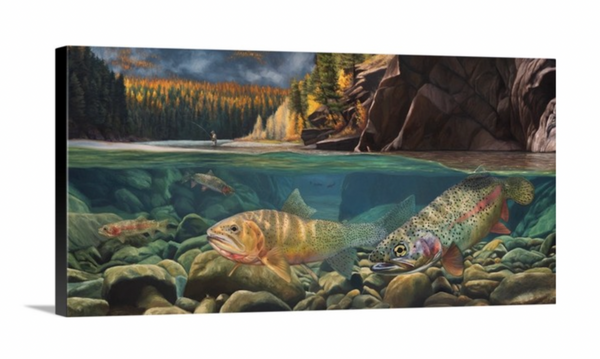 A canvas print titled 'A Secret Spot' by wiildlife artist James Corwin, depicting a vibrant river scene with multiple cutthroat trout swimming in the water, surrounded by yellowing tamaracks and a clear blue sky.