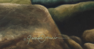 A canvas print titled 'A Secret Spot' by wiildlife artist James Corwin, depicting a vibrant river scene with multiple cutthroat trout swimming in the water, surrounded by yellowing tamaracks and a clear blue sky. Signature of artist.