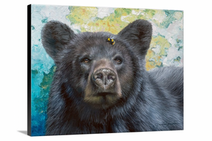 Bumblebee Bear by wildlife artist James Corwin. A Painting of a black bear with a colorful textured background. Canvas Giclee Print.