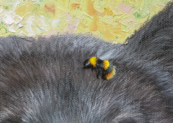 Bumblebee Bear by wildlife artist James Corwin. A Painting of a black bear with a colorful textured background. Detail of bee.
