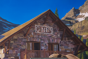 A canvas print featuring the Sperry Chalet in Glacier National Park with a family of grizzly bears in the foreground. Oil painting by Montana wildlife artist James Corwin.