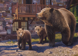 A canvas print featuring the Sperry Chalet in Glacier National Park with a family of grizzly bears in the foreground. Oil painting by Montana wildlife artist James Corwin.