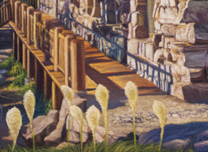 A canvas print featuring the Sperry Chalet in Glacier National Park with a family of grizzly bears in the foreground. Oil painting by Montana wildlife artist James Corwin.