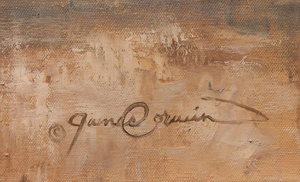 A western art print of Texas Longhorns cattle along the Chisholm trail from the Stockyards, against a dusty trail background. An oil painting by wildlife artist James Corwin.