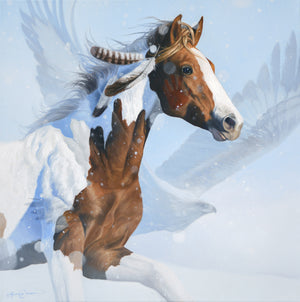 A canvas print featuring a horse and an eagle, with a blend of realistic and artistic brush stroke details. Oil painting by wildlife artist James Corwin.