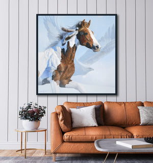 A canvas print featuring a horse and an eagle, with a blend of realistic and artistic brush stroke details. Oil painting by wildlife artist James Corwin. Hanging in Living Room wall art home decor