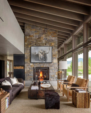 The sentinel bull moose oil painting by wildlife artist James Corwin based in Montana as a limited edition giclee canvas print. Hanging in living room wall art home decor.