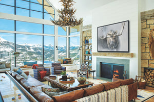 The sentinel bull moose oil painting by wildlife artist James Corwin based in Montana as a limited edition giclee canvas print. Hanging in living room home decor wall art.