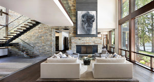 Big bison wildlife art by artist James Corwin as a limited edition canvas print featuring a buffalo with contemporary background and neutral colors. Hanging in living room home decor wall art.