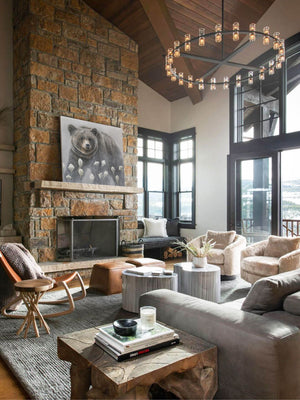 Limited Edition Giclee Canvas Print of a grizzly bear walking among beargrass in mist and fog by wildlife artist James Corwin. Hanging in living room wall decor.