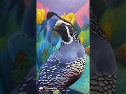An oil painting of a california quail against a prickly pear cactus with yellow flowers in the desert. The sun is setting and the mountains are pink. A canvas print by wildlife artist James Corwin.