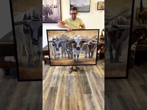 A western art print of Texas Longhorns cattle along the Chisholm trail from the Stockyards, against a dusty trail background. An oil painting by wildlife artist James Corwin.
