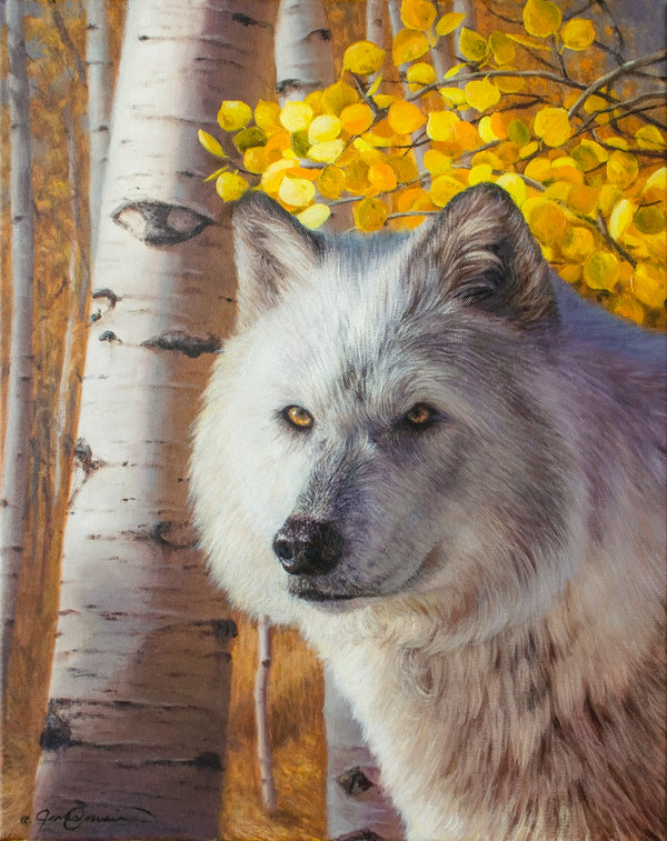A canvas print depicting a white wolf under a cluster of golden aspen leaves by wildlife artist James Corwin.