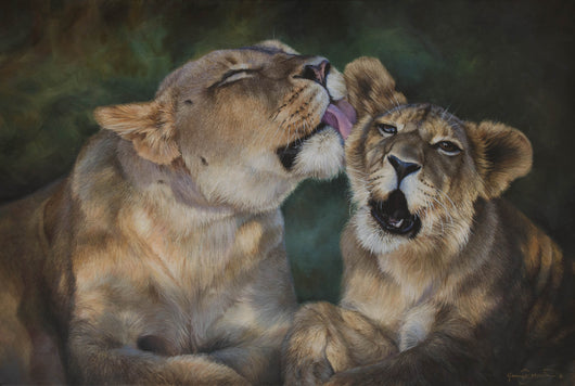 african mother lion grooms her cub art painting limited edition print