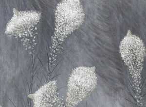 Limited Edition Giclee Canvas Print of a grizzly bear walking among beargrass in mist and fog by wildlife artist James Corwin. Wildflowers.