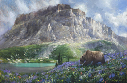 chief mountain in glacier national park with grizzly bear and wildflowers oil painting by wildlife artist james corwin