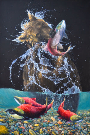 Alaskan Brown Bear pulling sockeye salmon out of river james corwin wildlife artist