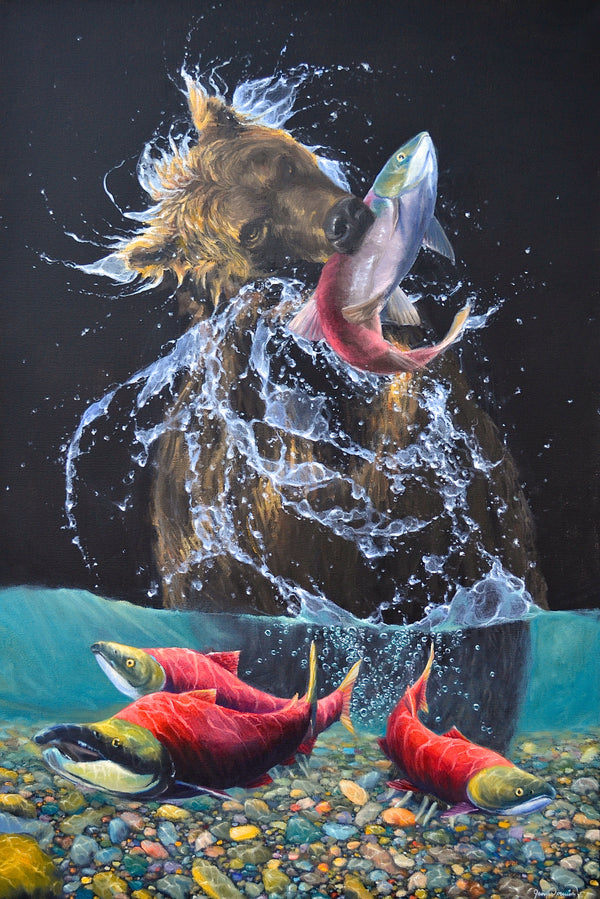 Alaskan Brown Bear pulling sockeye salmon out of river james corwin wildlife artist