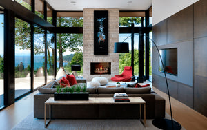 A kingfisher diving in water to catch a minnow fish. Canvas giclee print of an oil painting by wildlife artist James Corwin. Hanging in living room wall decor.