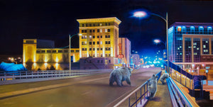 A giclee print featuring a nighttime scene with grizzly bears on a Higgins Bridge in downtown Missoula, Montana. University of Montana Grizzlies oil painting signed and numbered by wildlife artist James Corwin.