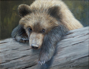 cute grizzly bear cub hanging on log wildlife painting by james corwin fine art