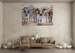 A western art print of Texas Longhorns cattle along the Chisholm trail from the Stockyards, against a dusty trail background. An oil painting by wildlife artist James Corwin.