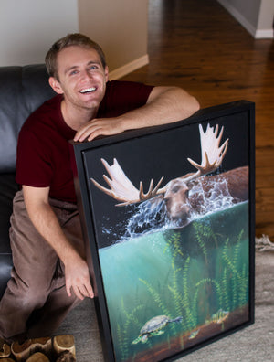 moose in water splashing eating seaweed turtle and perch fish swim away wildlife art by james corwin painting