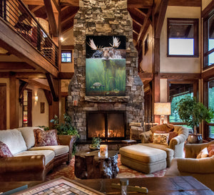 moose in water splashing eating seaweed turtle and perch fish swim away wildlife art by james corwin painting hanging in living room home decor wall art.