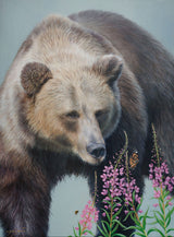 grizzly bear and butterflies bumblebees fireweed wildlife oil painting by james corwin fine art montana