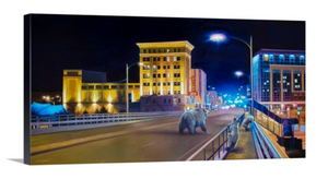 A giclee print featuring a nighttime scene with grizzly bears on a Higgins Bridge in downtown Missoula, Montana. University of Montana Grizzlies oil painting signed and numbered by wildlife artist James Corwin.