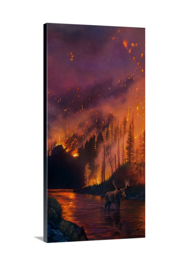 An oil painting as a limited edition canvas print depicting a bull moose in a fiery wildfire setting by Montana wildlife artist James Corwin.