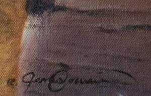 A canvas print depicting a white wolf under a cluster of golden aspen leaves by wildlife artist James Corwin. Signature of artist.