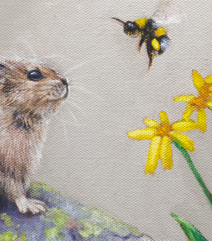 A canvas print featuring a mountain pika watching a bumblebee on a flower by wildlife artist James Corwin.