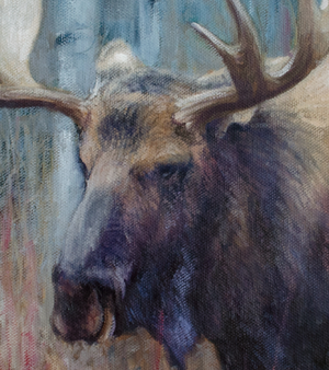 A western painting of a bull moose in fall trees by wildlife artist James Corwin as a canvas giclee print.