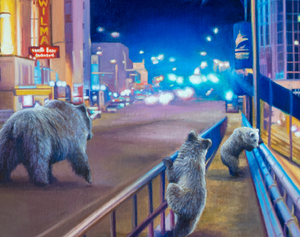 A giclee print featuring a nighttime scene with grizzly bears on a Higgins Bridge in downtown Missoula, Montana. University of Montana Grizzlies oil painting signed and numbered by wildlife artist James Corwin.