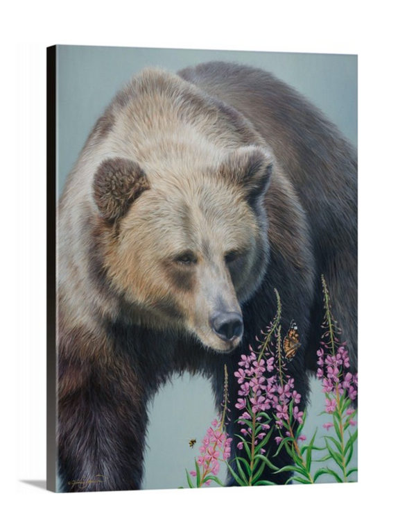 grizzly bear and butterflies bumblebees fireweed wildlife oil painting by james corwin fine art montana